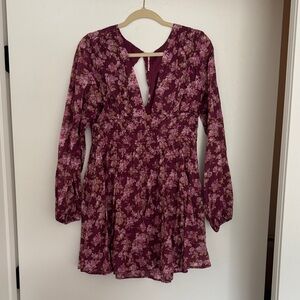 Free People Burgundy Pink Floral Long Sleeve Mini Dress
